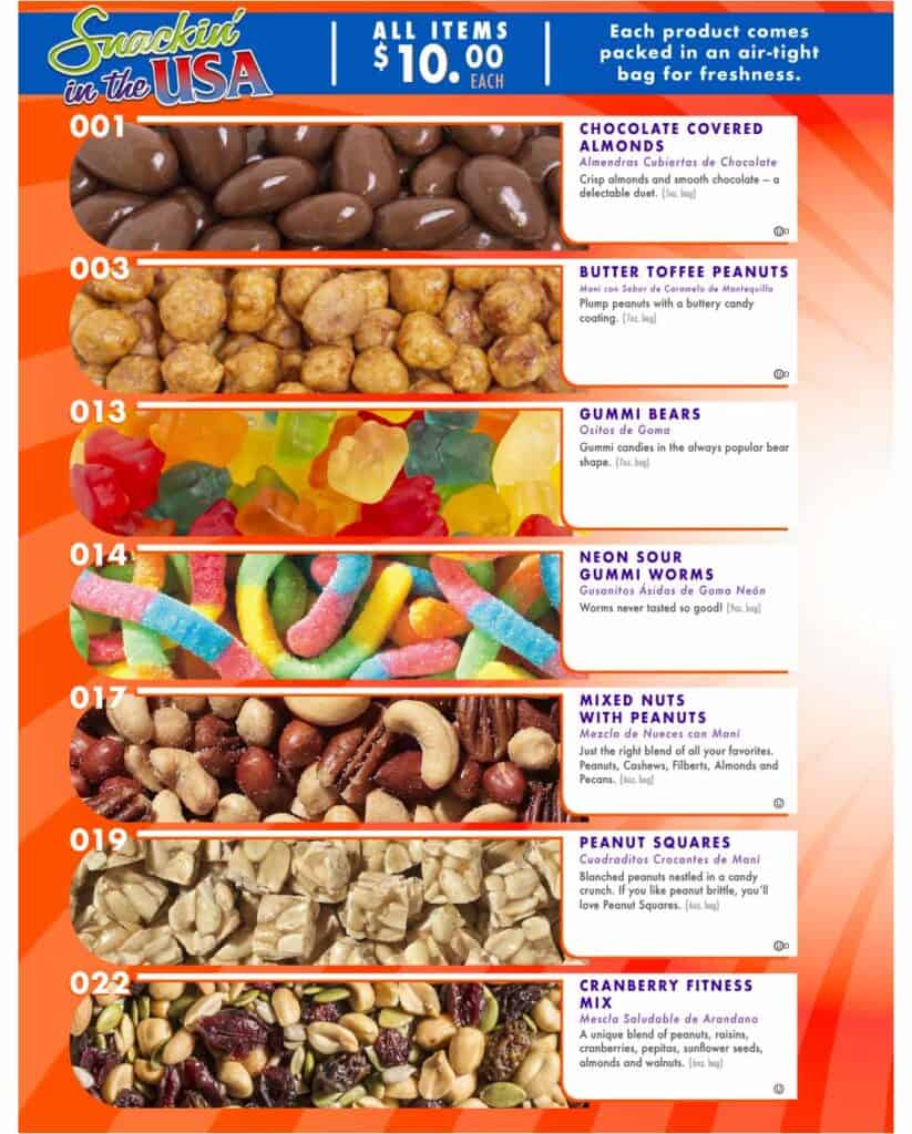 Introducing our Snackin' in the USA Brochure Fundraiser - a dynamic and enticing way to raise money for your school or organization. Our catalog features an array of mouth-watering candies and premium quality nuts, making fundraising not only effective but also scrumptious! Boost your school's fundraising with a touch of delectable sweetness and crunch.