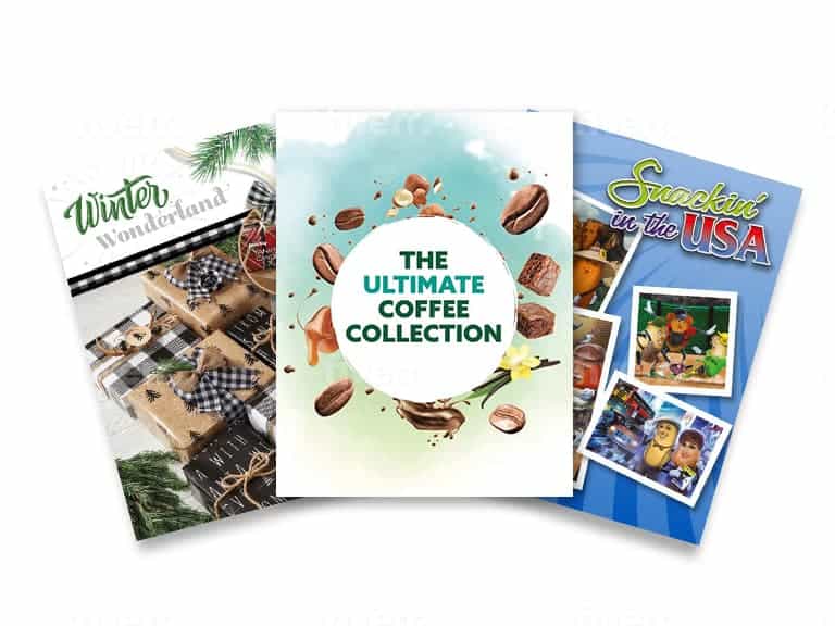 Three FundraisingZone catalogs on display. They are Winter Wonderland, Ultimate Coffee Collection, and Snackin' in the USA.