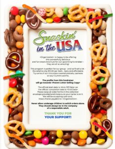 Snackin’ in the USA" fundraising flyer with a candy, pretzel, and chocolate border—ideal for boosting your group’s catalog sale.