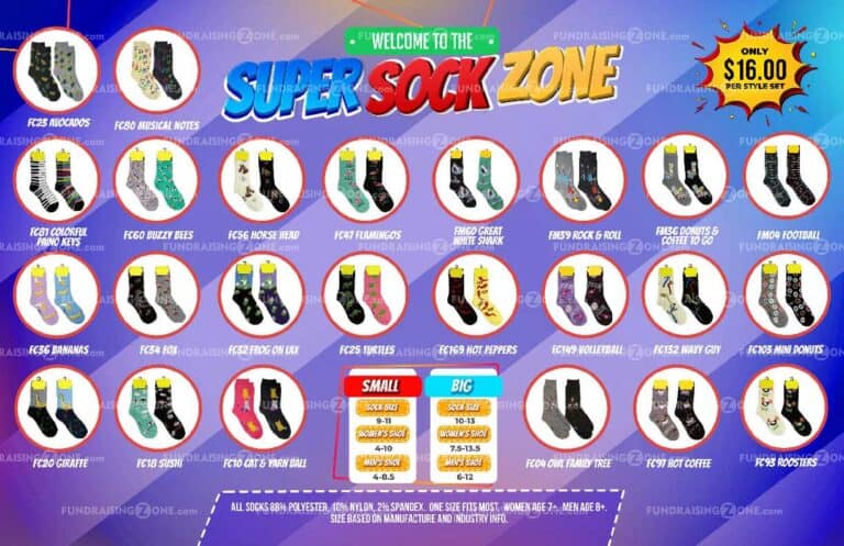 Eye-catching display of bright patterned socks under "Super Sock Zone" banner, with labels and prices—ideal for fundraisers.