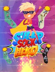 Cartoon superhero child with cape and sunglasses stands above "Super Sock Hero," with colorful socks and Sock Fundraiser theme elements.
