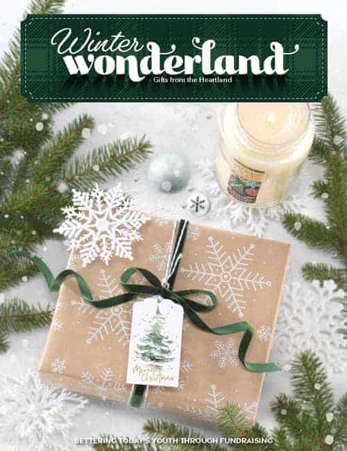 Beautifully wrapped gift, tree tag, green ribbon, candle, and festive décor on snow under "Winter Wonderland"—ideal for fundraisers.