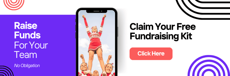 A digital ad shows cheerleaders on a phone, inviting schools to get a free sports fundraising catalog kit with a "Click Here" button.