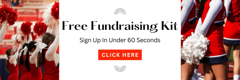 Cheerleaders in red and white uniforms with pom-poms. Text: "Get Your Free Fundraising Catalog—Quick Signup for Schools & Groups!.
