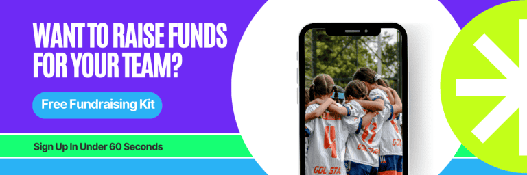 Banner showcasing our complimentary team fundraising kit, with young athletes united on a smartphone, ready to support your cause. Click to get your free fundraiser kit.