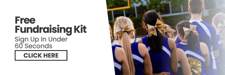 Cheerleaders in uniform stand united, while text promotes our sports fundraising catalog and a button offers your free kit.