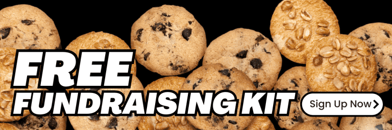 Assorted chocolate chip and oatmeal cookies on a dark background with text: "Get Your Free Fundraising Catalog" and "Sign Up Now" button.