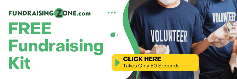 Two student volunteers in matching blue shirts pack canned foods, with a promo for a free Fundraising Zone kit and "Click Here" button.