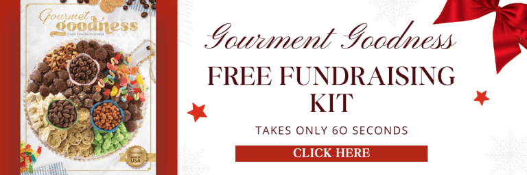 Brochure promoting our "Gourmet Goodness" fundraising kit for schools, showcasing assorted snacks and a prominent red "Click Here" button.