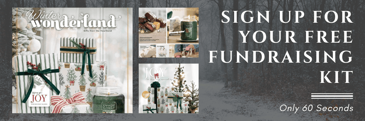 Collage of winter fundraising catalogs, candles, and gift wrap with text: “Start raising funds—get your free kit in 60 seconds.” Snowy forest background.