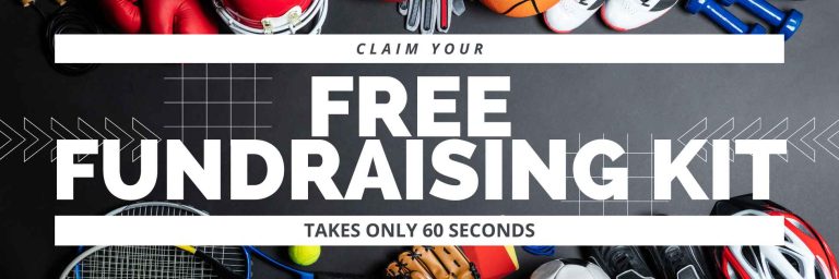A variety of sports gear surrounds a banner promoting a free fundraising kit—ideal for schools or groups seeking fresh ideas.