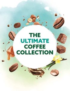 Elevate your next fundraising campaign with our eye-catching catalog cover: a crisp, circular white label featuring “The Ultimate Coffee Collection,” beautifully framed by an enticing array of coffee beans, creamy caramel, decadent brownies, crunchy nuts, vanilla blossoms, and rich chocolate pieces—all set against a vibrant blue-green backdrop. This inviting design is sure to capture attention and spark excitement within your school or organization’s community!.