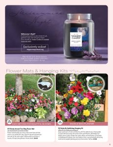 Showcased: "Midsummer's Night" jar candle with box, plus vibrant flower mats and hanging kits—ideal for your next fundraiser.