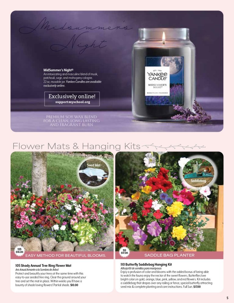 Showcased: "Midsummer's Night" jar candle with box, plus vibrant flower mats and hanging kits—ideal for your next fundraiser.