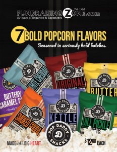 Fundraising feature: Seven vibrant Pop Daddy Snacks popcorn bags, assorted flavors, $12.00 each—perfect for your next fundraiser!.