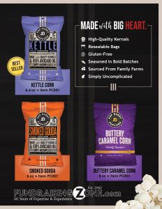 Vibrant bags of Kettle Corn, Smoked Gouda, and Buttery Caramel popcorn displayed with fundraising info on a bold black backdrop.