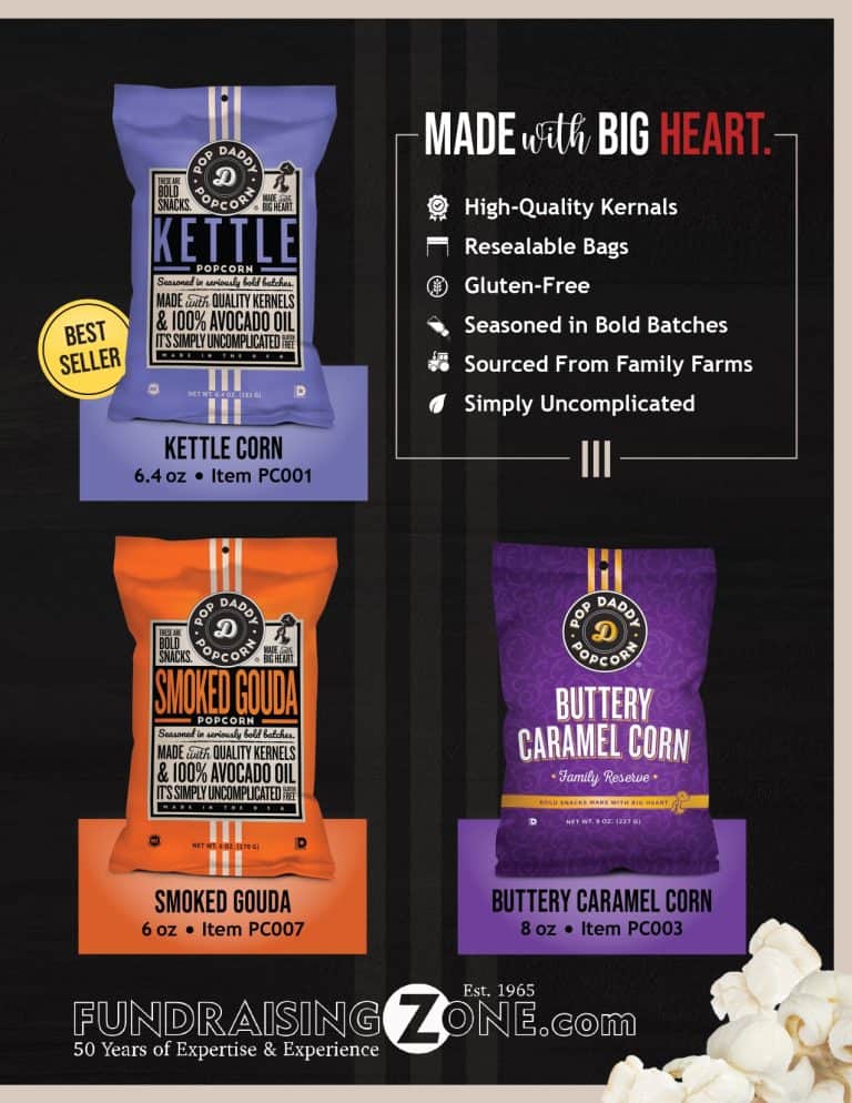 Vibrant bags of Kettle Corn, Smoked Gouda, and Buttery Caramel popcorn displayed with fundraising info on a bold black backdrop.