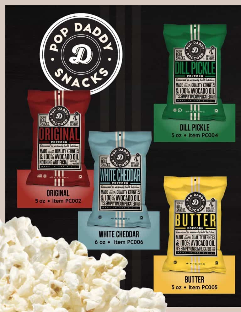 Showcasing four Pop Daddy Snacks popcorn flavors—Original, Dill Pickle, White Cheddar, Butter—with popcorn and brand logo; perfect for your next fundraising catalog!.