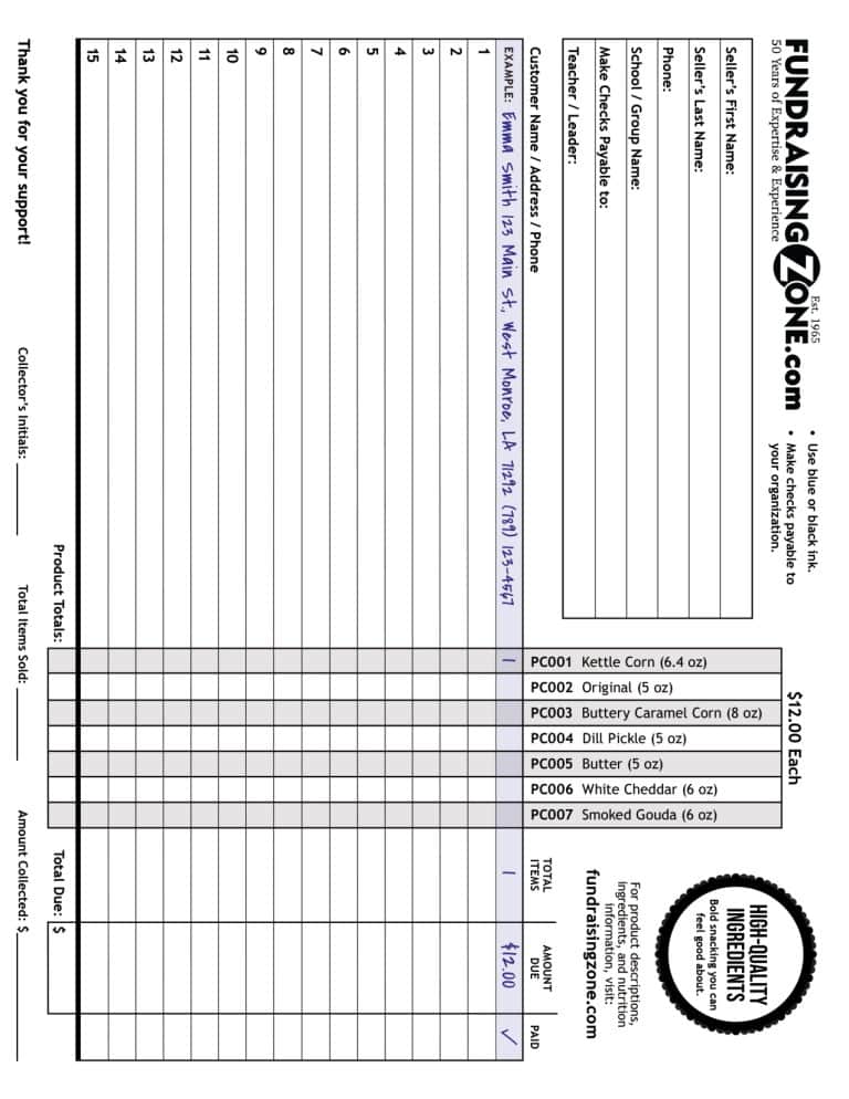 Professional fundraising popcorn order form featuring sections for buyer details, product choices, quantities, and total sales.