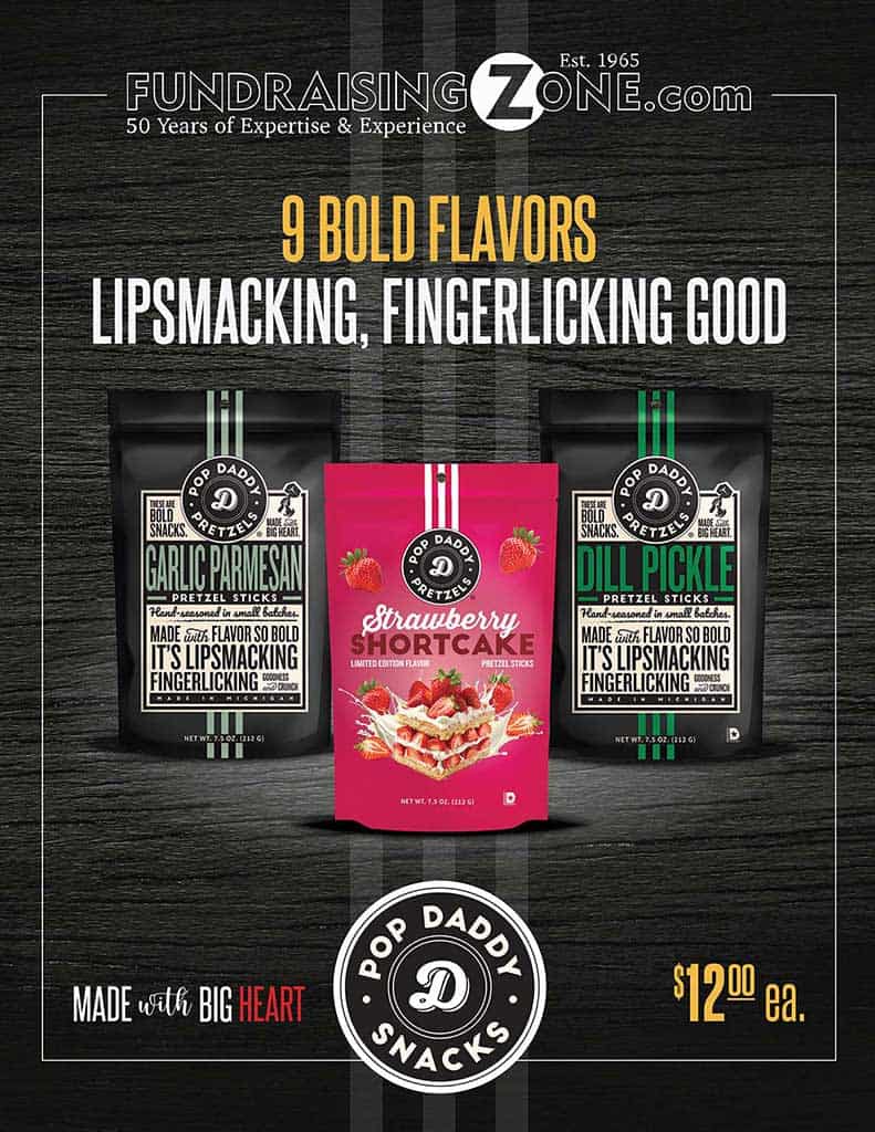 Showcase of Pop Daddy Snacks—Garlic Parmesan, Strawberry Shortcake, and Dill Pickle—ideal for your next fundraising catalog.