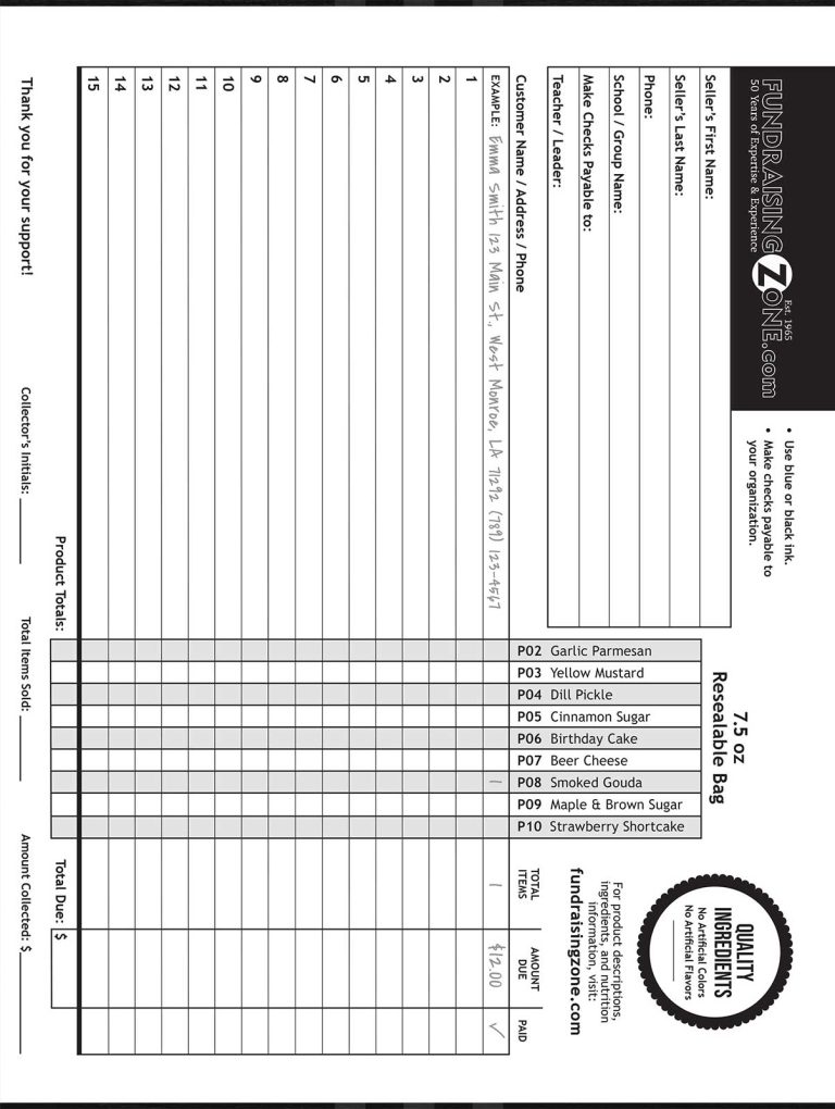 Professional fundraising order form featuring buyer details, product codes, quantities, payment totals, and popcorn flavor pricing.