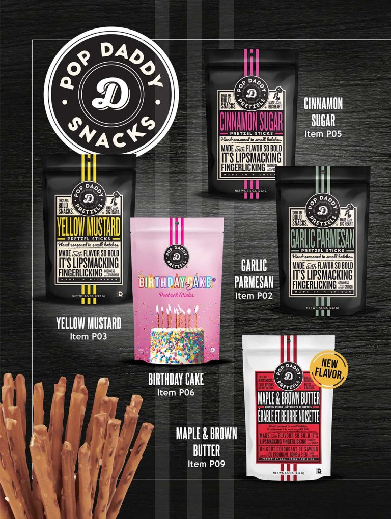 Pop Daddy Snacks fundraising assortment: pretzel bags in top-selling flavors, attractively displayed with pretzel sticks.