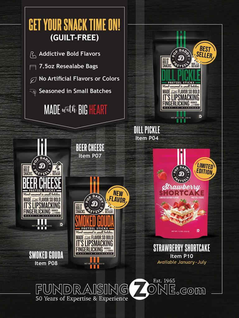 Showcase of four Dad’s Seasonings snack mix bags with labels—ideal for fundraising catalogs supporting schools and organizations.