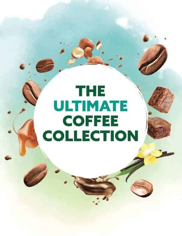 A white circle reads "The Ultimate Coffee Collection," with coffee beans, caramel, vanilla, chocolate, and hazelnuts on a blue-green background—perfect for fundraising catalogs.