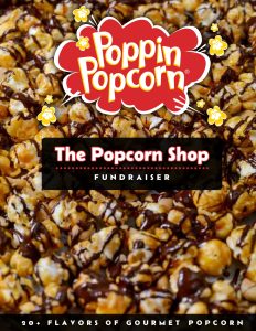 Close-up of chocolate-drizzled popcorn with "Poppin Popcorn Fundraiser" and 20+ gourmet flavors; boost your group's fundraising!.