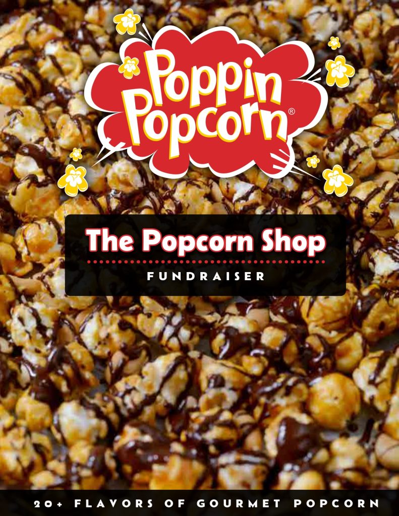 Close-up of chocolate-drizzled popcorn with "Poppin Popcorn Fundraiser" and 20+ gourmet flavors; boost your group's fundraising!.