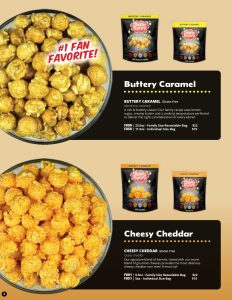 Enticing close-up of Buttery Caramel and Cheesy Cheddar popcorn bowls, perfect for your next fundraising catalog selection.