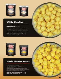 Featuring White Cheddar and Movie Theater Butter popcorn—displayed in fundraising-ready bags, plus a bowl showing both flavors.
