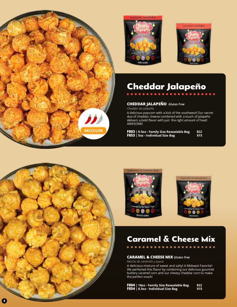 Cheddar Jalapeño and Caramel & Cheese Mix popcorn bowls displayed with product bags—perfect options for your next fundraiser!.