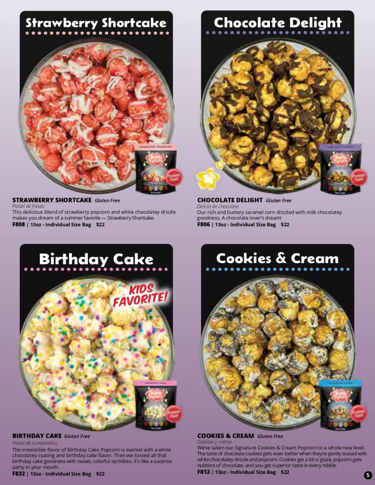 Four gourmet popcorn flavors—Strawberry Shortcake, Chocolate Delight, Birthday Cake, Cookies & Cream—shown in bowls with festive fundraiser packaging.