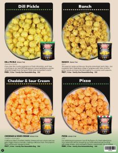 Raise more funds with our gourmet popcorn selection! Four delicious flavors in bowls, each with matching packaging and details.