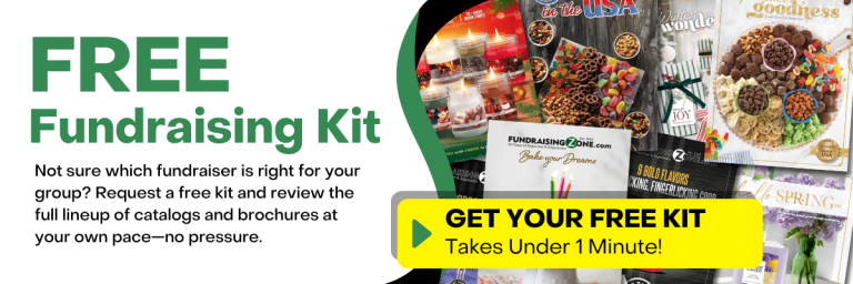 A fundraising catalog banner features brochures and catalogs, plus a bold button: "GET YOUR FREE KIT—Start raising funds in minutes!.