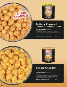Two delicious bowls of caramel and cheddar popcorn displayed above labeled packages, perfect for your next fundraising event.