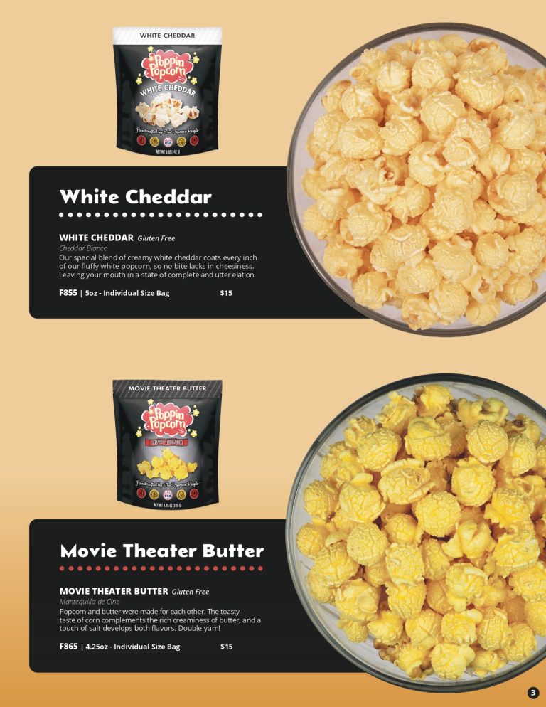 Top: White cheddar popcorn, shown in bag and bowl. Bottom: Movie theater butter popcorn. Fundraiser product info and prices beside.