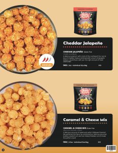 Tempting Foppin Popcorn flavors—Cheddar Jalapeño and Caramel & Cheese Mix—shown in bowls and 8 oz bags, $15 each.