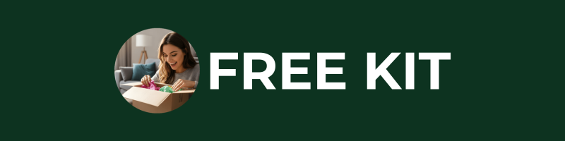 A woman smiles as she opens a cardboard box, with bold “FREE KIT” text beside her on a dark green background—start fundraising today!.