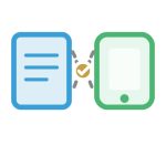 Illustration showing a blue document and green smartphone linked by a checkmark, symbolizing seamless fundraising order transfers.