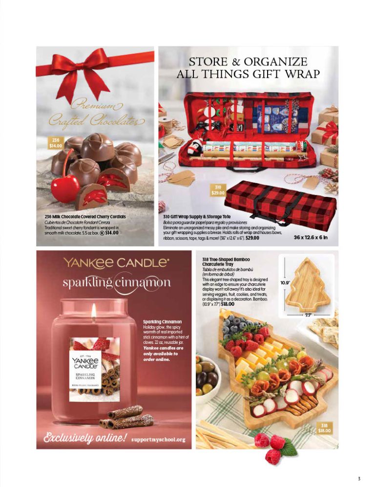 Our fundraiser catalog showcases chocolate cherry cordials, a festive candle, gift wrap organizer, and bamboo tree snack board.