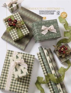 Green and cream wrapped gifts and festive wrap designs, ideal for your group's Holiday Fundraiser catalog; ribbons and decor shown.