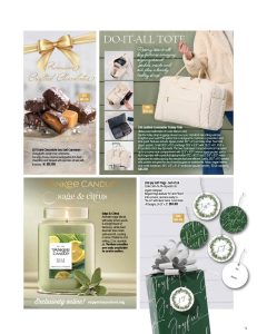 Showcase of 2/7 Dark Chocolate Sea Salt Caramels, quilted tote, Yankee Candle Sage & Citrus, and festive gift tags—ideal for fundraiser sales.