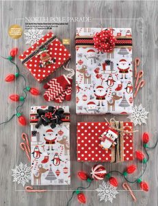 Festive red and white gifts with Santa and reindeer wrap, surrounded by holiday treats and lights—ideal for your fundraiser catalog.