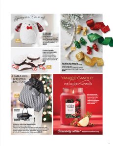 Fundraising gift catalog page displaying festive dog earmuffs, chocolate snowmen, shiny bows, shopper bag, and apple wreath candle.