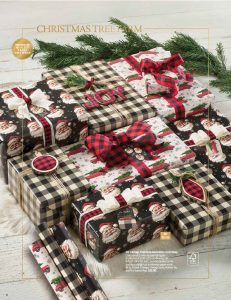 Christmas gifts in plaid and Santa wrap with festive bows on white wood and pine—ideal for your school or group fundraiser catalog.