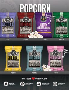 Showcase of seven vibrant Uncle Dad's popcorn bags—Buttery Caramel Corn (customer favorite) and Birthday Cake (new!)—perfect for fundraising.