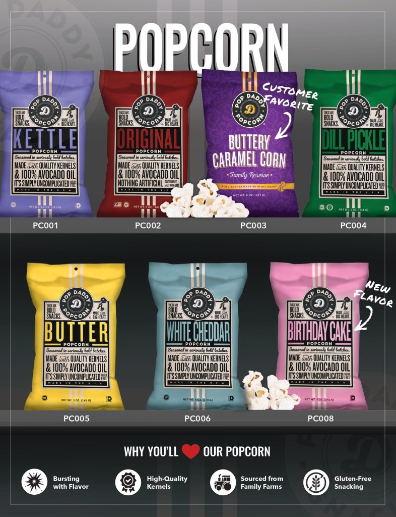 Showcase of seven vibrant Uncle Dad's popcorn bags—Buttery Caramel Corn (customer favorite) and Birthday Cake (new!)—perfect for fundraising.