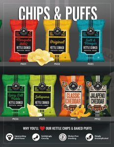An assortment of six kettle cooked chips and baked puffs in vibrant packaging, perfect for fundraising variety and appeal.